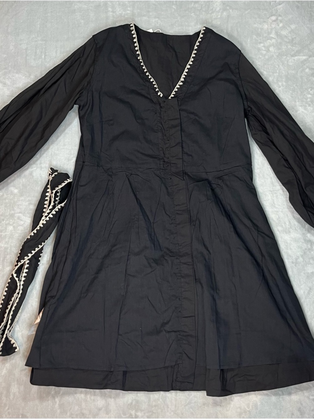 Marea Solana Dress Batik Black Cotton Shell Trim Belted Boho Mini Size S NWT - Picture 12 of 13